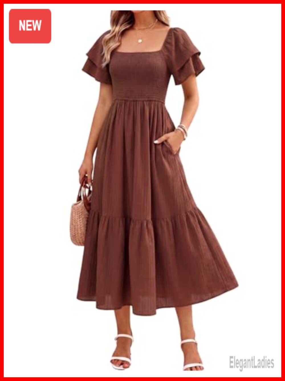 Womens Midi Dress Short Sleeve Square Neck Off Shoulder Ruffle High Waist